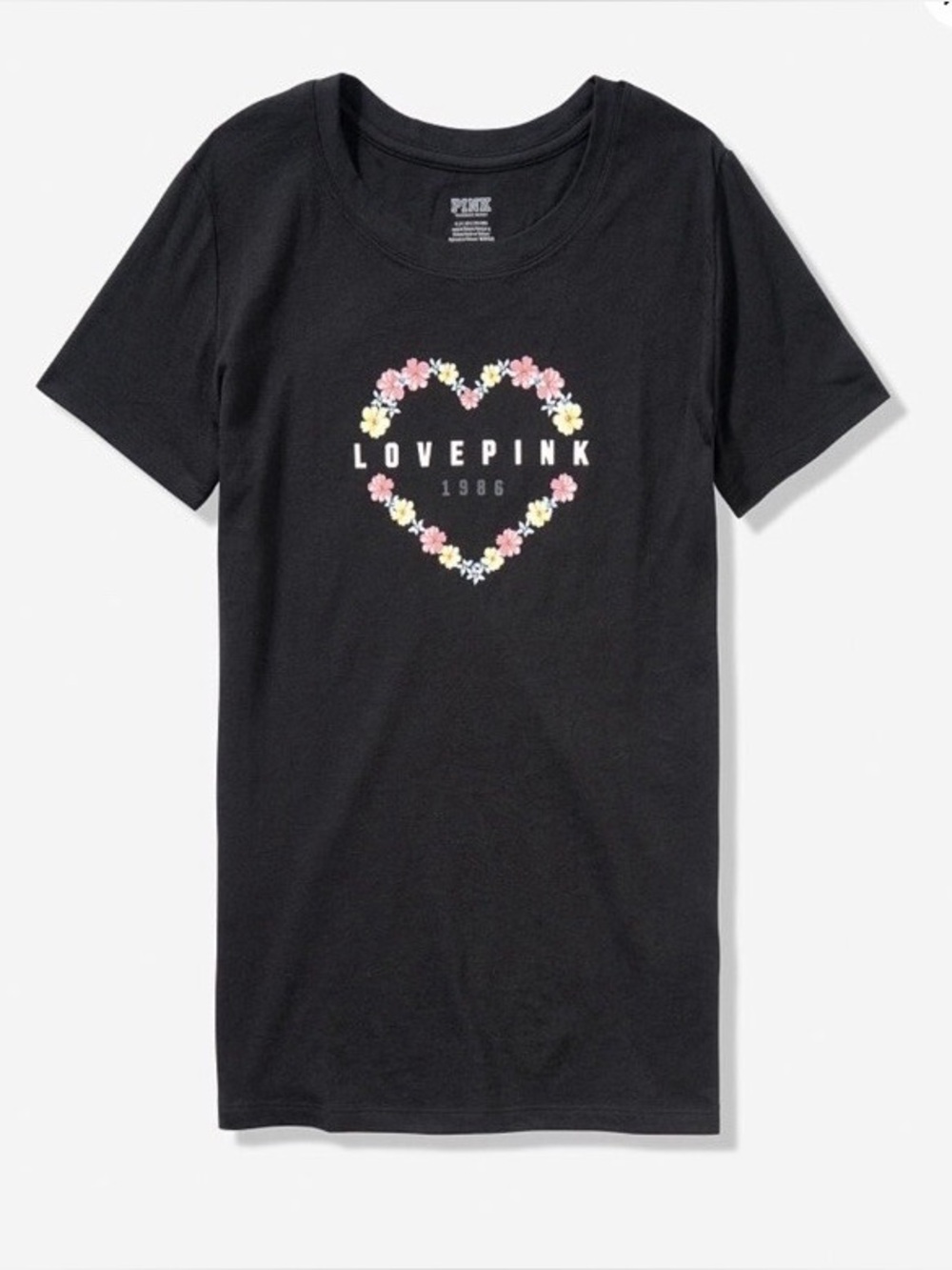 PINK Victoria’s Secret Love Heart Floral Logo Tee Shirt Top - XS - Black